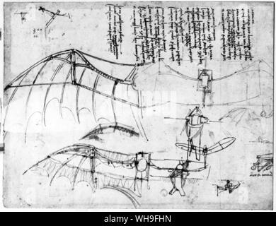 Leonardo da Vinci (1452-1519), Italian painter, sculptor, architect, engineer and scientist. Design for a semi-fix-wing glider with the pilot suspended in a saddle. Detail from Codex Atlanticus. Stock Photo