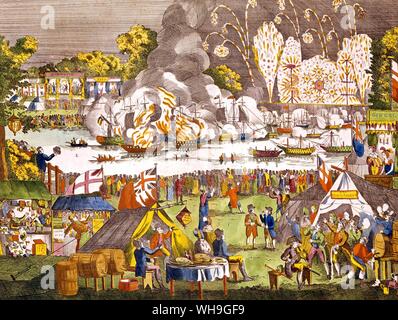 View of the Navmachy Fireworks and Fair in Hyde Park in Honour of Peace that took place 1 August 1814 Stock Photo