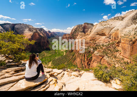 Enjoying the view from Angels Landing, Zion National Park, Utah, United States of America, North America Stock Photo