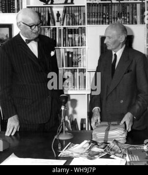 1968: Lord Montgomery, Bernard Law Montgomery (1887-1976) prepares to hand over his transcript of his History of earfare to Mr George Rainbird whose firm is designing and producing the book fo international publication. 1st Viscount Montgomery was a Field Marshal in World War II and commanded the British army in North Africa. Stock Photo