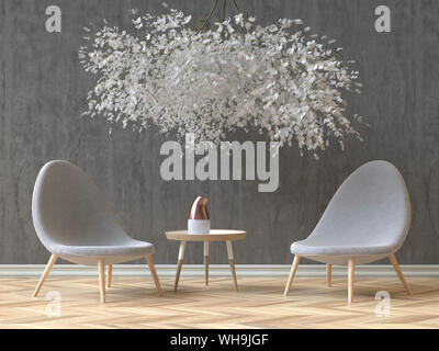 Modern Skandinavian interior with two grey chairs, coffee table and a floral installation, 3D Rendering Stock Photo