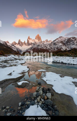 Mount Fitz Roy with hanging clouds, Los Glaciares National Park, UNESCO, El Chalten, Santa Cruz Province, Patagonia, Argentina, South America Stock Photo