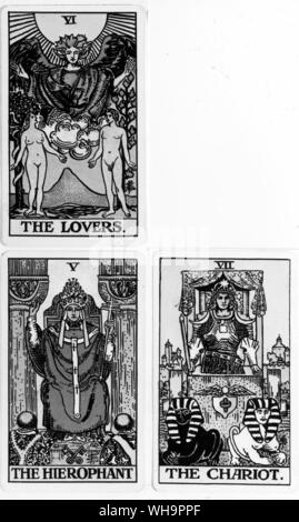 Waite's drastically 'rectified' card of the Lovers, showing them as Adam and Eve in Eden before the Fall. The card of the Pope has been given various names in different packs, seen here is the Hierophant in Waite's pack, Stock Photo