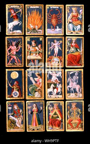 A selection of cards from three minchiate packs, which have a far larger number of cards than what is now regarded as the standard Tarot pack. Stock Photo
