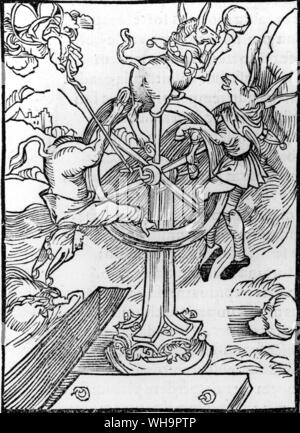 A humorous woodcut in which the Wheel of Fortune is ridden by asses and guided by a hand from above Stock Photo