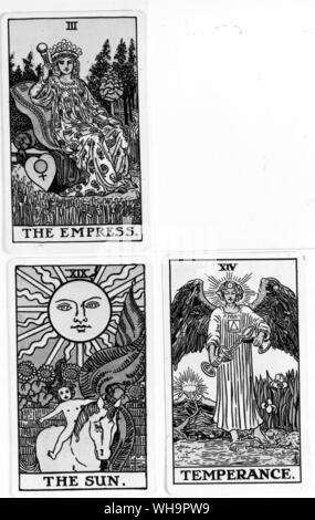 Cards of the 20th century in which an angel holds two containers between which flow a liquid in one case and a rainbow in the other. Temperance is in a Belgian pack pouring liquid. The Empress, renamed La Grande Mere in a pack issued during the french Revolution when titles were in disfavour, and The Sun shines down on a horse and rider Stock Photo