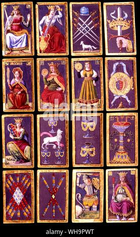 A selection of cards from three minchiate packs, which have a far larger number of cards than what is now regarded as the standard Tarot pack. Stock Photo