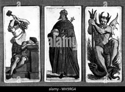 From an Italian pack of the early 18th century - left to right - an execution curiously entitled the Hanged Man; the Female Pope; and the Devil Stock Photo