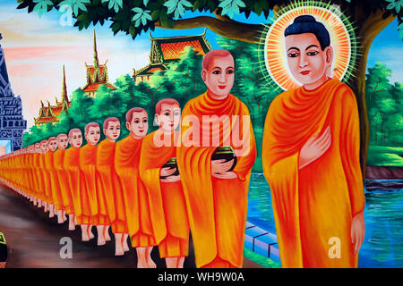 The Life of the Buddha, Siddhartha Gautama, mural showing a visit to Rajagaha City, where the Buddha went for alms, Chau Doc, An Giang, Vietnam Stock Photo