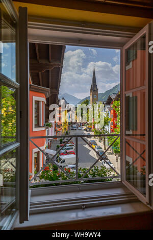 View of colourful buildings on Vordastadt from hotel window, Kitzbuhel, Tyrol, Austria, Europe Stock Photo