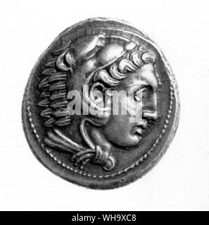 Coins from Alexander's foreign mints.  Heracles with lion - mask hood. Stock Photo
