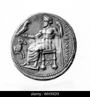 Coins from Alexander's foreign mints.  Zeus, patron god of Macedon, is copied from Phidias' famous statue at Olympia. Stock Photo
