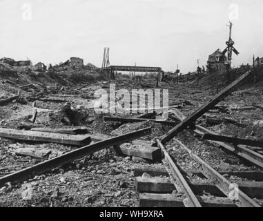 WW1: The Battle of The Somme. The railway station at Albert looked like this by 1918. Albert was the main base for British troops in the Somme battle. Stock Photo