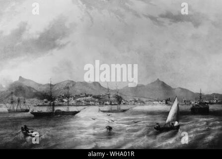 Harbour at Rio de Janeiro, Brazil; city in the background. Lithogrpah, early 19th century. Stock Photo