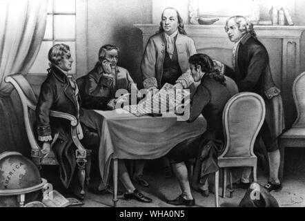 Five members of the committee which reported the Declaration of Independence to the United States Congress. l-r: Thomas Jefferson, Roger Sherman, Benhjamin Franklin, Robert R. Livingston and John Adams. July 1st 1776. Declaration was signed on the 4th July 1776. Stock Photo