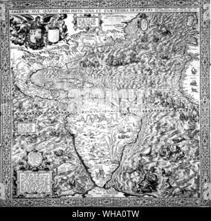 The Southern Continent shown on a 1562 map of the New World: in the monster-ridden Atlantic Da Gama crosses the Line as Neptune approaches the Caribbean. Stock Photo