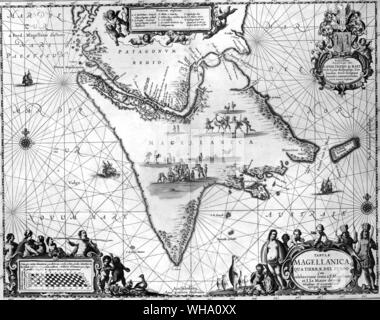 The Magellan Straits, from a sixteenth-century map. In the Tierra del Fuego an idyllic family group sits among rheas, penguins and geese while the warriors go hunting. Stock Photo