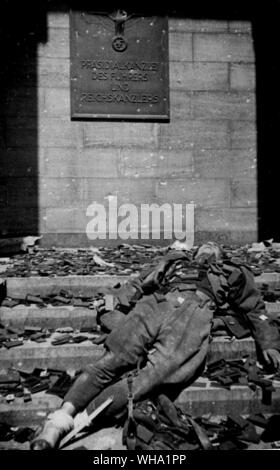 WW2: Body of a dead German soldier outside the Reichs Chancellery, Berlin, 1945. Stock Photo