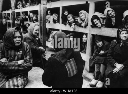 WW2: In one of the women's barracks of the Oswiecim concentration camp, 1945. Auschwitz, Poland. Stock Photo