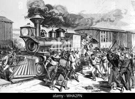 West Virginia - The Baltimore and Ohio railroad strike - the disaffected workmen dragging firemen and engineers from a Baltimore freight train at Martinsburg, July 17th - A violent incident on the tracks - c.1870. Stock Photo