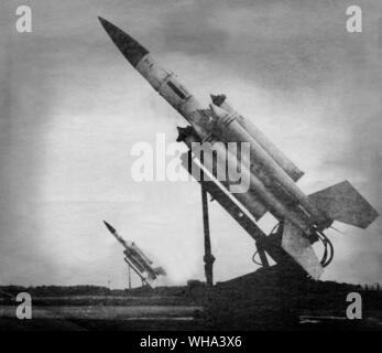 Bristol/Ferranti Bloodhound missiles in readiness for their launchers at RAF Station, Woolfox Lodge. Surface to air guided missiles. Stock Photo