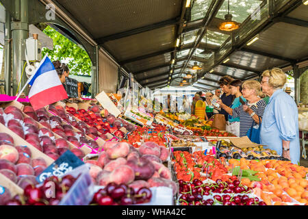 Colourful stalls Gambetta Market in Cannes, Alpes Maritimes, Cote d'Azur, Provence, French Riviera, France, Mediterranean, Europe Stock Photo