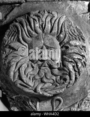 Mask of a bearded deity ( Medusa ) from the pediment of the temple of Sulis Minerva Stock Photo