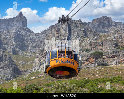 Rotating cable car on the Table Mountain Aerial Cableway with Table Mountain behind, Cape Town, Western Cape, South Africa Stock Photo