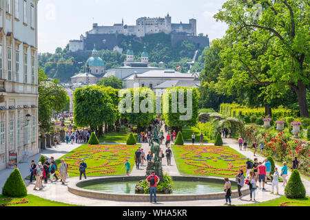 View of Hohensalzburg Castle from Mirabell Gardens, UNESCO World Heritage Site, Salzburg, Austria, Europe Stock Photo