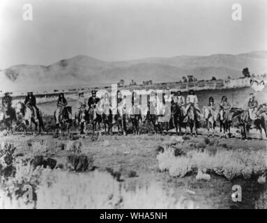 Group of Ute Indians on the War Path. The Ute tribe was part of the Shoshone Nation which ranged from Colorado and Utah South to New Mexico and Arizona. Hostile Indians kept US Army units near UP construction crews almost continuously but Central Pacific Rail layers were not troubled. A J Russell photo. c 1869 Stock Photo