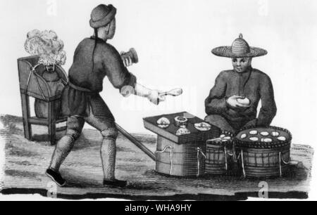 Chinese Miniature 1811 AD. Travelling cook and hard boiled egg seller Stock Photo