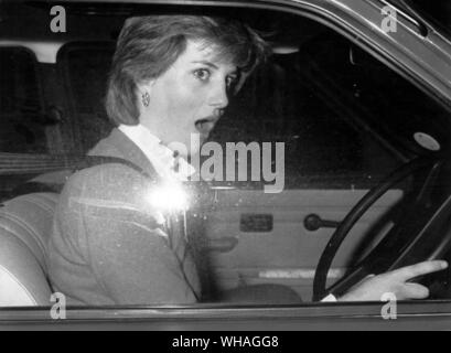 Lady Diana Spencer looks astonished as she stalls her car a new Mini Metro outside her Earls Court London flat this morning when leaving for her job as teacher at the Kindergarten in Pimlico. November 17th 1980 Stock Photo