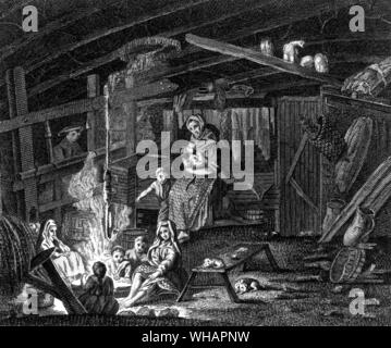 Inside of a Weavers Cottage in Ilay. Engraving by Charles Grignon 18th century Stock Photo