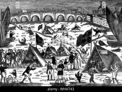 Frost Fair, held on The Thames, February 1814. The beginning of the year 1814 was remarkable for the severity of weather: in the beginning of February the Thames being choked up with ice, and in many places completely frozen over; booths were erected in all directions between London and Blackfriars bridges, bullocks and sheep were roasted whole, and all the usual sports and festivities of a fair were kept up for several days.. Stock Photo