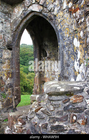 Details and views of Okehampton Castle, Devon, England on a rainy day with dramatic skies Stock Photo