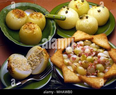 Italian Cooking By Robin Howe. . Top Left.. Cipolle ripiene.. Stuffed Onions.. . Right.. Cipolle Di Napoli.. Onions Baked In Marsala.. . Bottom Right.. Cipolline In Agrodolce.. Onions In A Sweet-Sour Sauce. Stock Photo