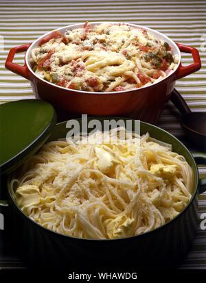 Italian Cooking By Robin Howe. . Top.. Bucatini All'Amatriciana.. Spaghetti Amatriciana.. . Bottom. Fettuccine Al Burro.. Noodles With butter. Stock Photo
