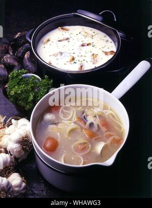 French Cooking By Eileen Reece.. . Top To Bottom.. Potage Aux Moules.. Mussel Soup.. . Soupe De Poisson.. Fish Soup. Stock Photo