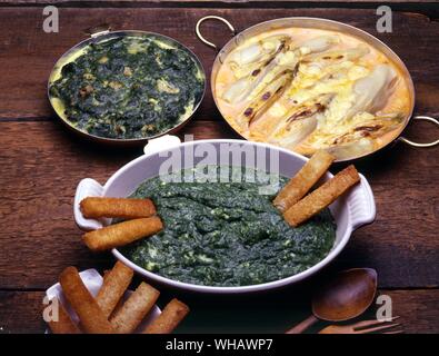 Epinards en Gateau. Baked Spinach. . . Endives au Gratin. Chicory Cooked With Cheese . . Epinards a la Creme. Spinach in Cream Stock Photo