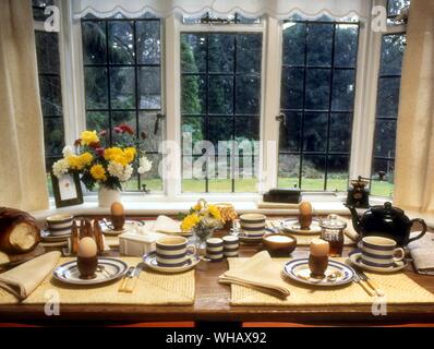 table laid out for breakfast. boiled eggs Stock Photo