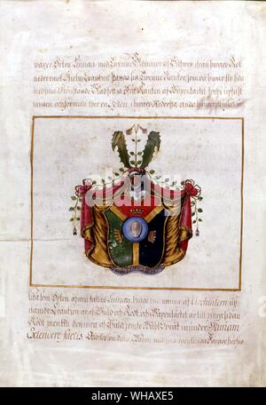 Patent of nobility with Linnaeus' Coat of Arms, Hammarby. Carl Linnaeus, also known after his ennoblement as Carl von Linné, and in English usually under the Latinized name Carolus Linnaeus (1707-1778), was a Swedish botanist who laid the foundations for the modern scheme of taxonomy. He is also considered one of the fathers of modern ecology. Stock Photo