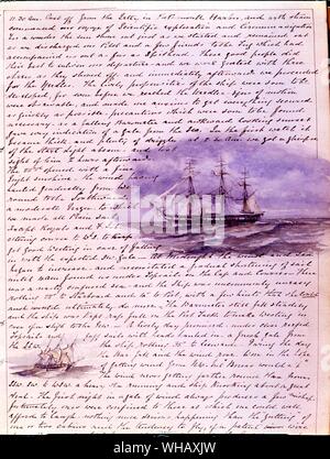 First page of Lieutenant Pelham Aldrich's Journal. The Voyage of The Challenger, by Eric Linklater page 25 and backcover. . Admiral Pelham Aldrich (1844-1930) joined the Royal Navy in 1859 and served on the Challenger Surveying Expedition, 1872-1875. He commanded survey vessels in the China Seas, the Red Sea, the Cape of Good Hope and elsewhere from 1877 to 1891. . The volume is a journal of the scientific research voyage of HMS Challenger from 1872-1875. Illustrated with watercolours and line drawings. Geographical subject headings: 1) ATLANTIC OCEAN. 2) ANTARCTIC. 3) PACIFIC OCEAN.. . Stock Photo