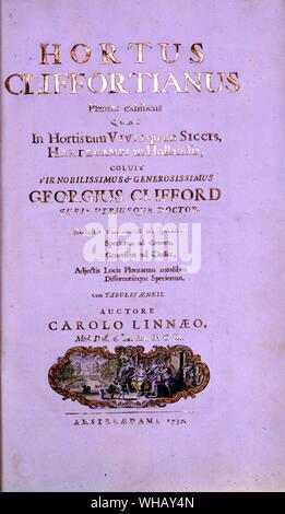 Hortus Cliffortianus, The George Clifford Herbarium, George Clifford (1685-1760), a wealthy Anglo-Dutch merchant. Title Page by Carl Linnaeus, also known after his ennoblement as Carl von Linné, and in English usually under the Latinized name Carolus Linnaeus (1707-1778). Linnaeus is considered to be one of the most noted natural historians of all time.. Hortus Cliffortianus contains a number of illustrations including this frontispiece. Many new species are described from living and dried specimens in Clifford's possession. This work was commissioned by George Clifford as a catalogue of the Stock Photo
