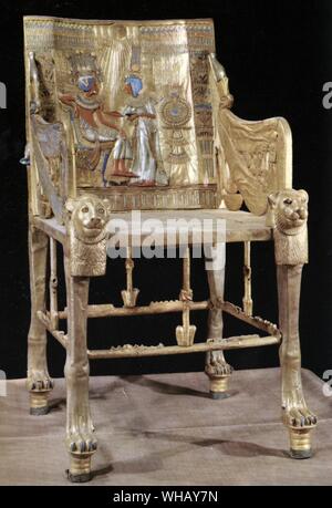 Treasure of Tutankhamen. The gilt throne. The back is decorated with a scene which is pehaps ritual but evokes the private life of the royal couple. The other parts of the throne are decorated with official and religious motives. Tukankhamen, by Christiane Desroches Noblecourt, page 42. Stock Photo