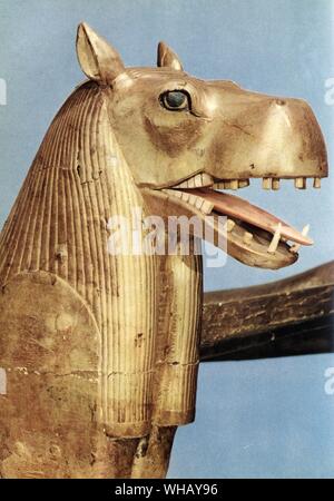 Head of a funeral couch in the form of the hippopotamus Goddess Tueris. Tukankhamen, by Christiane Desroches Noblecourt, page 150. Stock Photo
