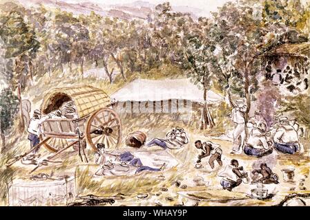 Missionary support party resting on the river bank. The African Adventure - A History of Africa's Explorers by Timothy Severin, page 213.. Evening Halt (on the journey to seek a road for the carriage of the Lady Nyassa from the falls of the lake) Stock Photo