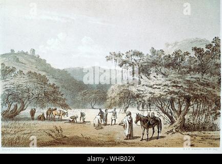 Explorer sketching at a camp site. Travels and Discoveries in North and Central Africa 1857 . by Henry Barth. Heinrich Barth (1821-1865), German explorer.. Stock Photo