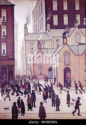 Street Scene - 1935. by L S Lowry. Lawrence Stephen Lowry (November 1, 1887 - February 23, 1976) was an English artist born in Barratt Street, Old Trafford, Manchester. Most of his pictures depict Salford, where he lived and worked for over thirty years.. Lowry is famous for painting scenes of life in the industrial districts of northern England during the early 20th century. He had a distinctive style of painting and is best known for urban landscapes peopled with many human figures.. Stock Photo