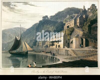 Clovelly - 1814. From - A Voyage Round Great Britain. by Richard Ayrton. Lithograph by William Darriell (1769-1837) - English painter. Born in Kingston-upon-Thames in Surrey. His father was a bricklayer and owner of a public house called The Swan in near-by Chertsey. His uncle was an artist and later Royal Academician, and William became his pupil. Uncle and nephew left Britain in April 1785 to voyage throughout China and India. In Calcutta in 1791, they held a lottery of their combined paintings, using the proceeds to continue their travelling and sketching. They returned to Britain in 1794, Stock Photo