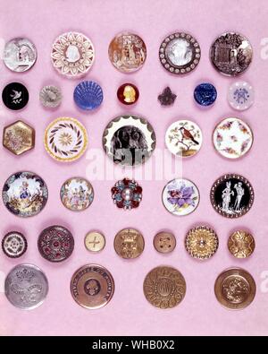 Antique buttons. Row 1 - 19th century cameos, carved shell and narce.. Row 2 - 19th century glass, most fr. Bohemia. Row 3 - Marked ceramics : Satsuma, R. Copenhagen, Wemyss, Sevres, Chantilly. Row 4 - 19th century enamels : French, English, Japanese. Row 5 - 18th century wood and bone-backs, cord shanks. Row 6 - Commemorative - George III, 1789: French Revolution, inauguration of 1st U.S. President, 1789. welcoming Wm. of Orange to England. All collection of the late Lillian Smith Albert. Stock Photo